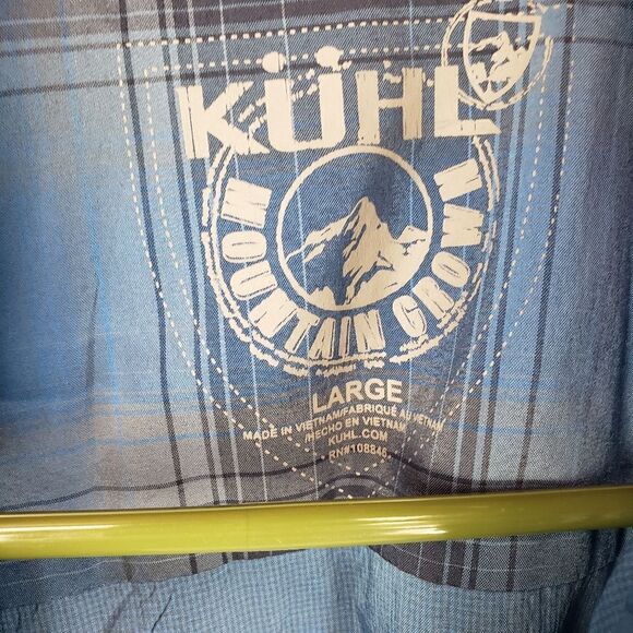 KUHL Men's L Blue Mountain Grown Short Sleeve Snap Up Shirt  Fishing Logo - Picture 9 of 9